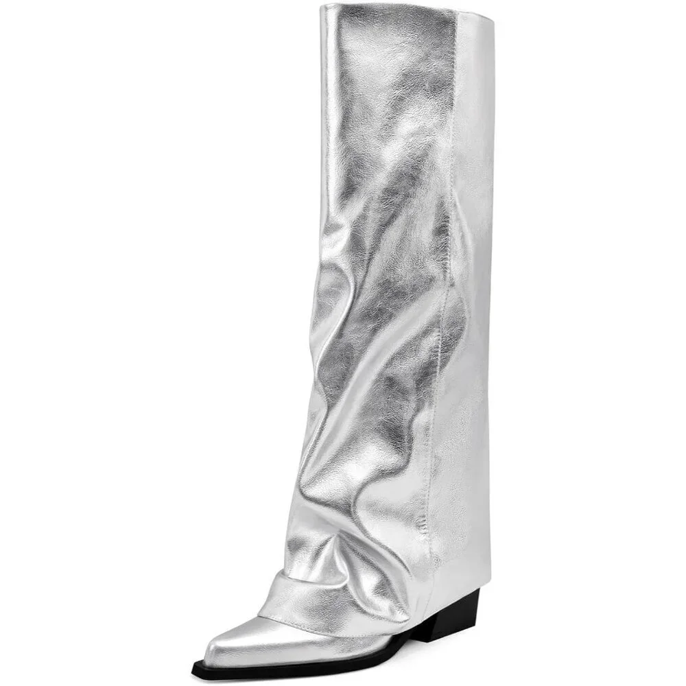 Women Silver Wide Calf Slouchy Shark Pointed Toe Fold Over Knee High Tall Boots